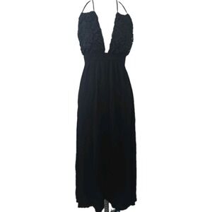 Obsessive Love Junior Medium Black Gauze Crinkle Maxi Crochet Halter Dress